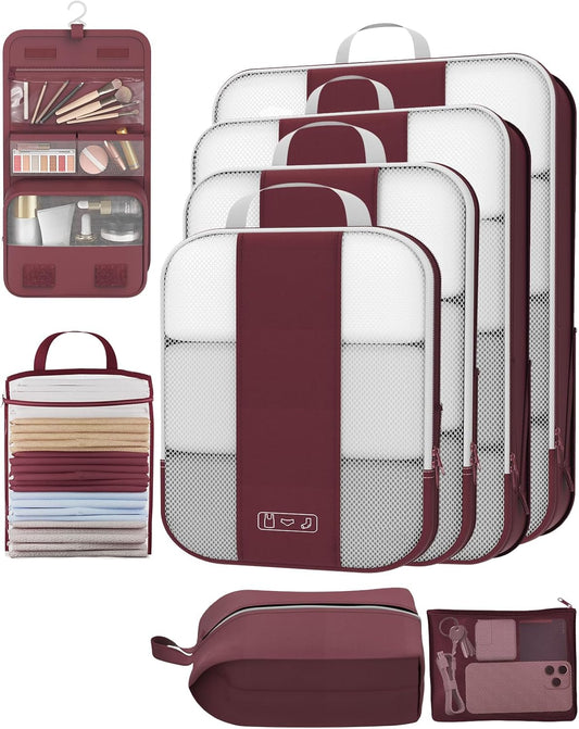 8 Set Compression Packing Cubes for Travel Essentials,Compressible Expandable Packing Cubes for Suitcase,OlarHike Luggage Organizer Bags for Travel,Handy Helper for Organizing Clothes(Wine Red)