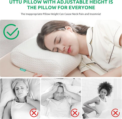 UTTU Cervical Pillow for Neck Strain Relief, Memory Foam Neck Pillow for Sleeping, Adjustable Orthopedic Sandwich Pillow, Contour Cooling for Side Back Stomach Sleeper, Travel(15.7"×11"×5.2"/4.5")