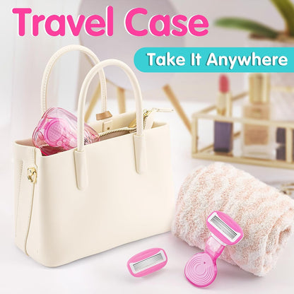 DreamGenius Travel Razors for Women, Travel Size Toiletries Include 1 Handle and 2 Cartridges, Extra Smooth 5-Blade Travel Essentials Razor with Case for Shaving, Pink