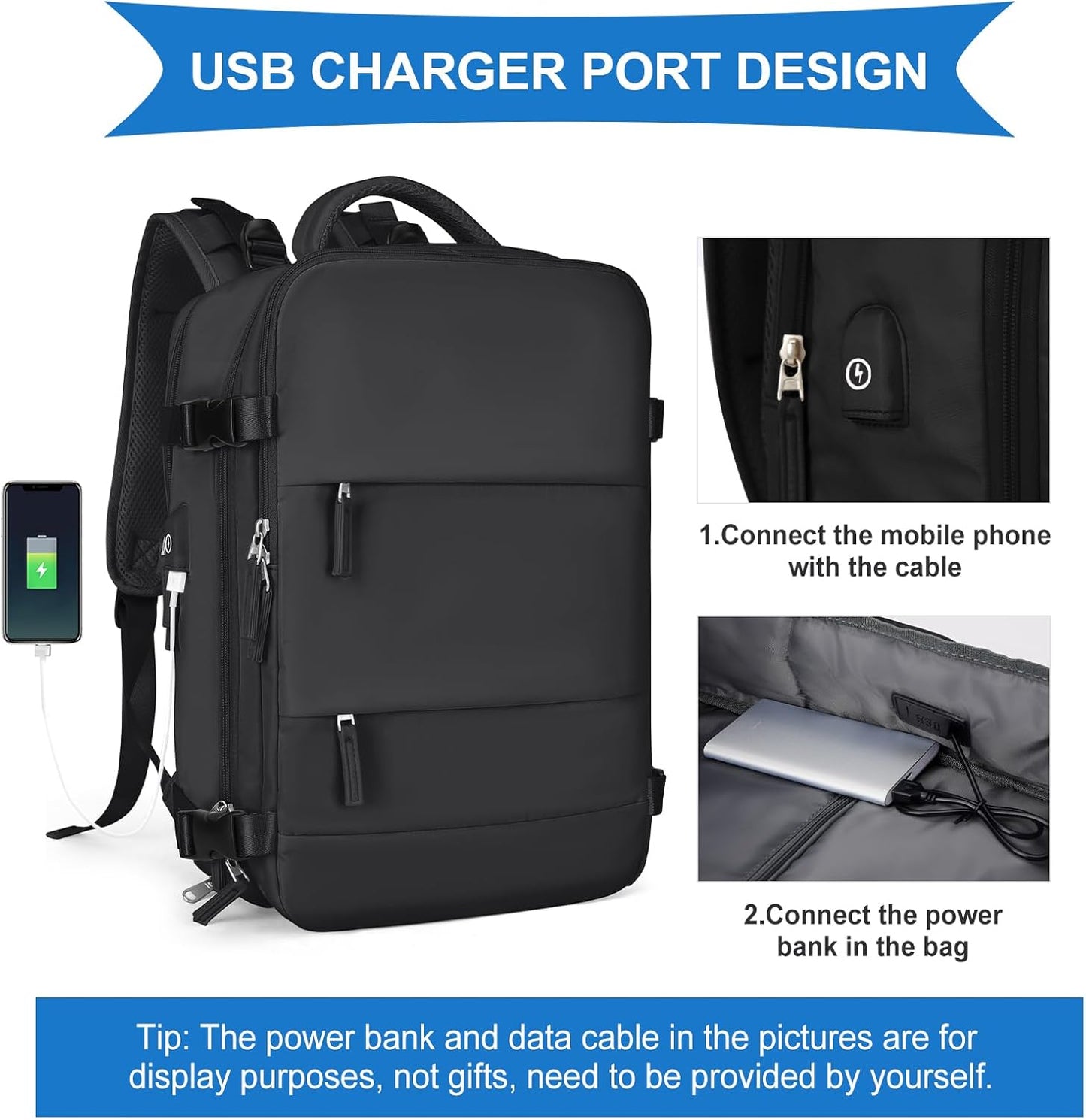 coowoz Large Travel Backpack For Women Men,Carry On Backpack Flight Approved,Hiking Backpack Waterproof Outdoor Sports Rucksack Casual Daypack Fit 15.6 Inch Laptop Shoes Compartment (Black)