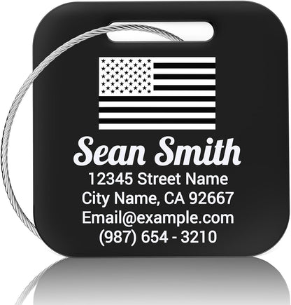 Personalized Engraved Metal Luggage Tags for Suitcase - Custom Name Tags, 10 Pack, Black, Matte Finish, 2x2 inches
