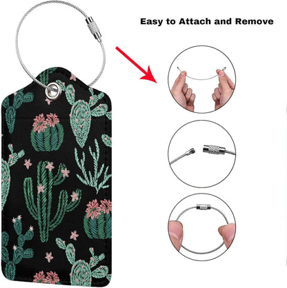 2 Pcs Cute Cactus Luggage Tags for Suitcases for Women Girls Boys Men Travel, Funny Leather Bag Tags Suitcase Labels for Luggage Backpack with Stainless Steel Loop, Full Back Privacy Cover