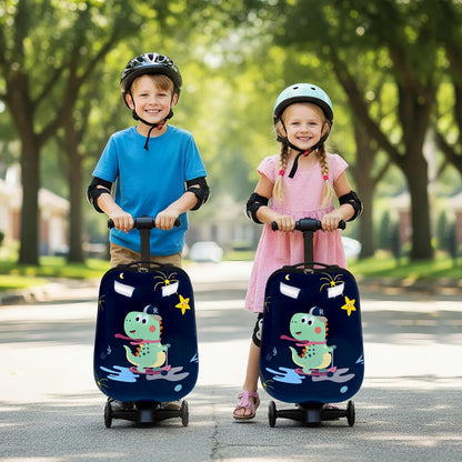 4-in-1 Detachable Scooter Luggage for Kids & Teens – Hardside Ride-On Suitcase with Led Light Up Wheels, Dinosaur Design, Lightweight Foldable, Perfect Travel Gift for Boys(Navy Blue 22-inch)