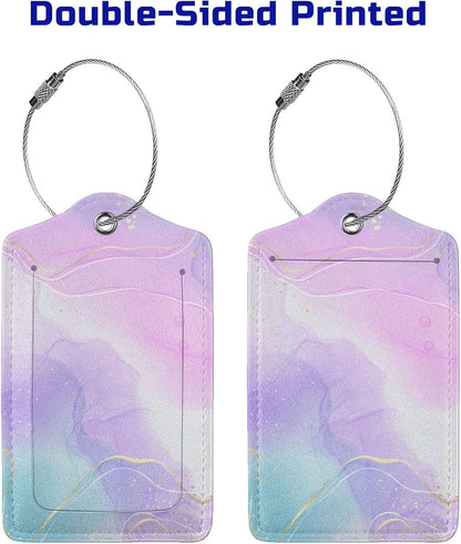 Pink Luggage Tags 2 Pack for Girls Women, Watercolor Light Purple and Cyan Blue Background Leather Suitcase Tags Identifiers, Cute ID and Name Labels with Privacy Covers for Backpack Travel Bag