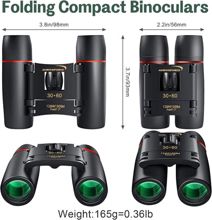 30X60 Small Binoculars for Adults Folding Bird Watching - Aurosports Mini Compact Binocular for Kids High Power Easy Focus Binoculars for Travel Hunting