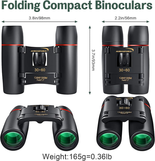 30X60 Small Binoculars for Adults Folding Bird Watching - Aurosports Mini Compact Binocular for Kids High Power Easy Focus Binoculars for Travel Hunting