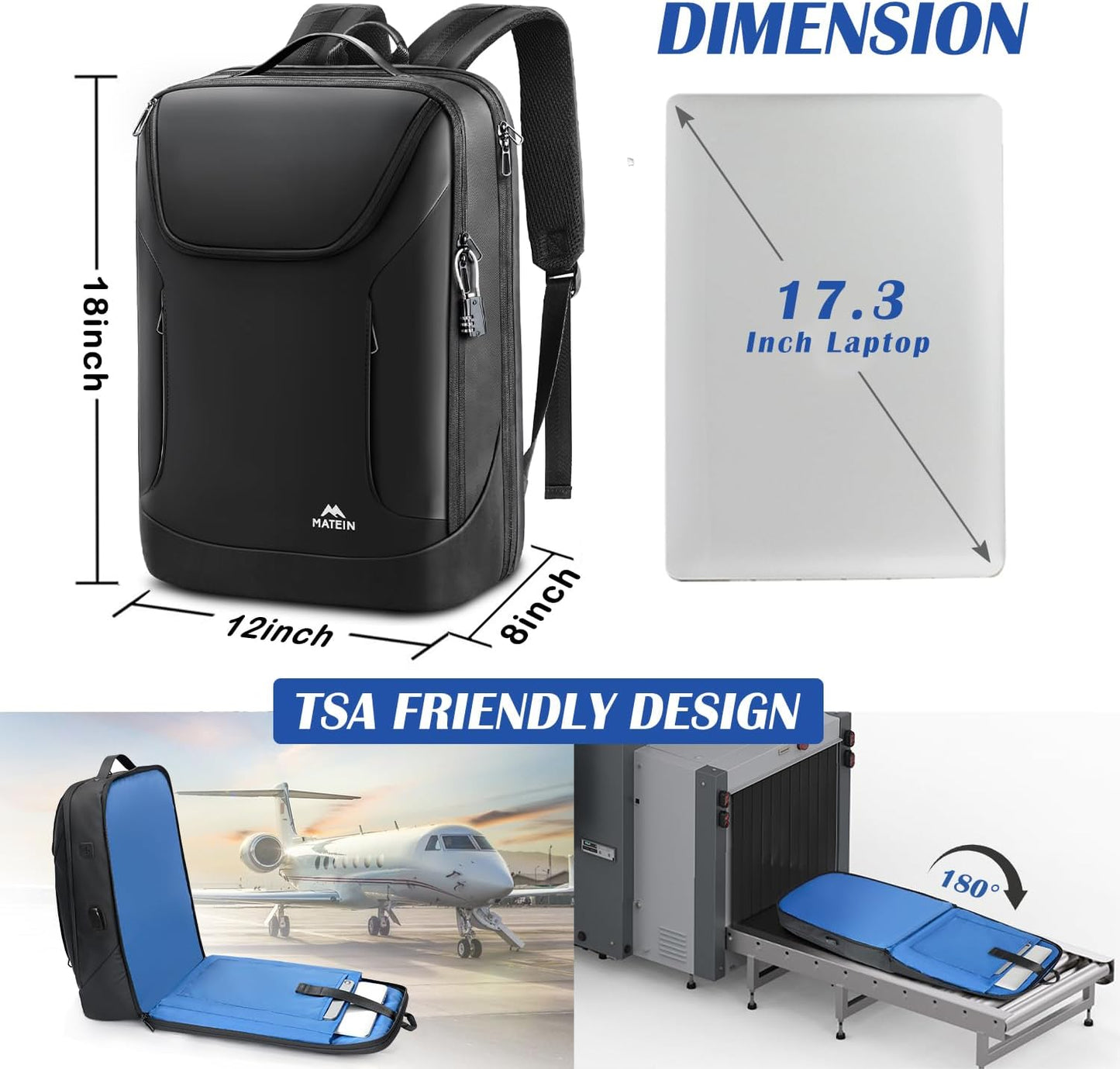 MATEIN Waterproof Laptop Backpack 17 Inch, Anti Theft Business Backpack with Lock & USB Charging Port, Large TSA Tech Backpacks College Computer Back Pack Gifts for Men Women Work Office Travel, Black