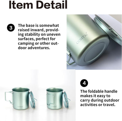 Titanium Camping Pot Mug 15oz (420ml) with Lid and Foldable Handle – Ultralight Camping Cup for Hiking, Backpacking, Outdoor Cooking, Cyan