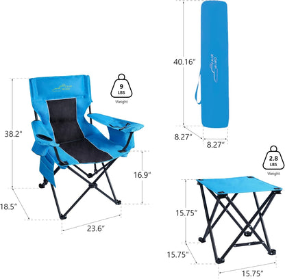 FAIR WIND Oversized Padded Camping Chair with Footrest Stool Heavy Duty Cooler Bag Chair for Fishing, Tailgating, Sports Games, Backyard - Support 300 LBS Blue