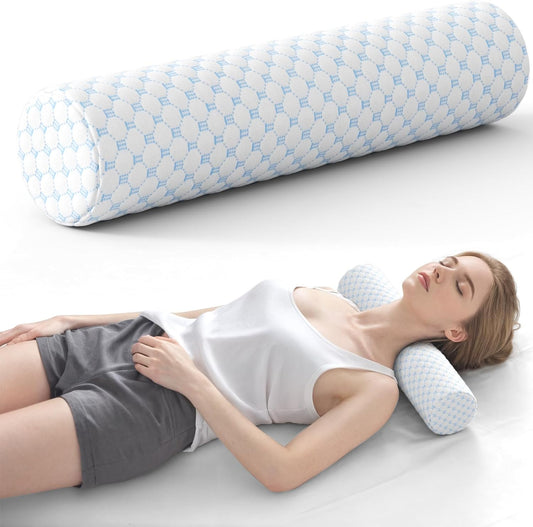 Neck Roll Pillow, Memory Foam Neck Support Pillows, Round Neck Pillows, Cylinder Bolster Pillows for Bed, Couch, and Yoga, Removable Washable Cover,18 * 4.3 * 4.3inch (Cool-Blue)