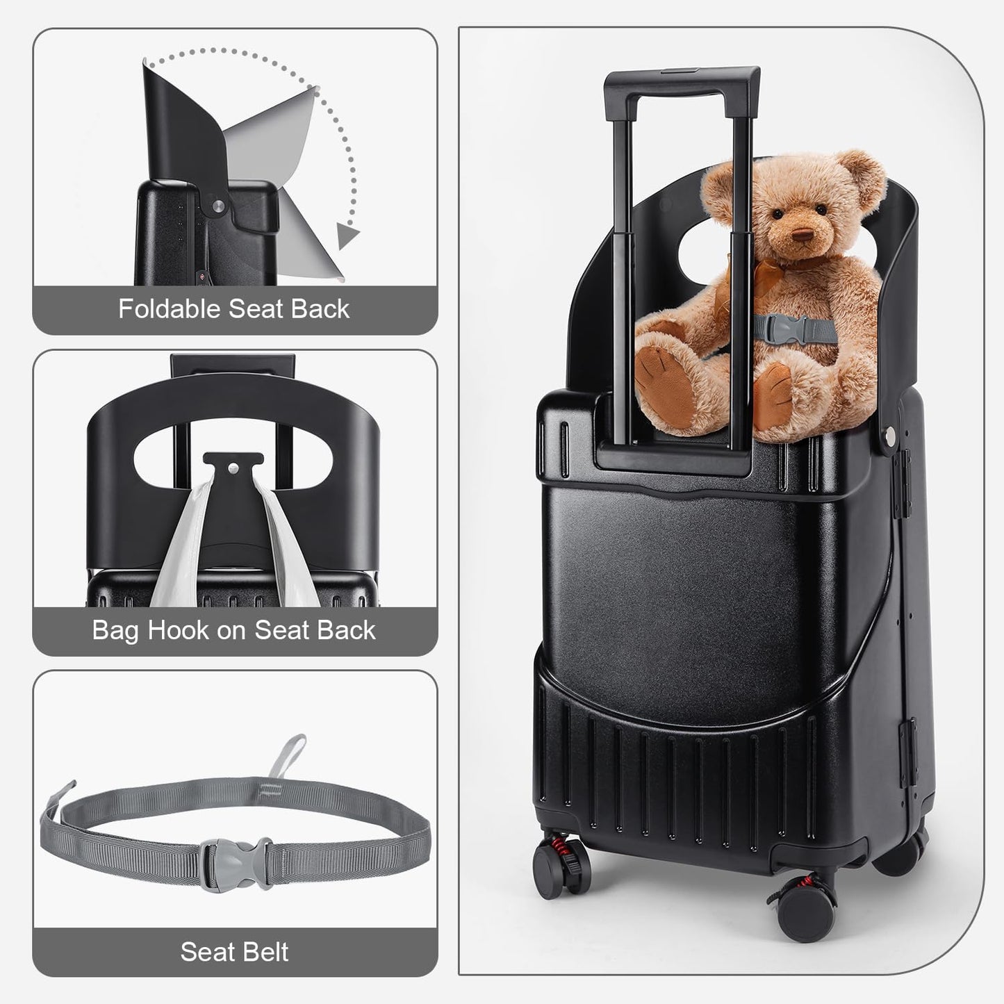 MRPLUM Ride On Luggage with Seat for Kids&Adults with Seat Belt,Hard Shell Lightweight Rolling Spinner Wheels Travel Luggage with TSA Lock,20 inch,Black