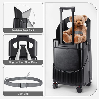 MRPLUM Ride On Luggage with Seat for Kids&Adults with Seat Belt,Hard Shell Lightweight Rolling Spinner Wheels Travel Luggage with TSA Lock,20 inch,Black