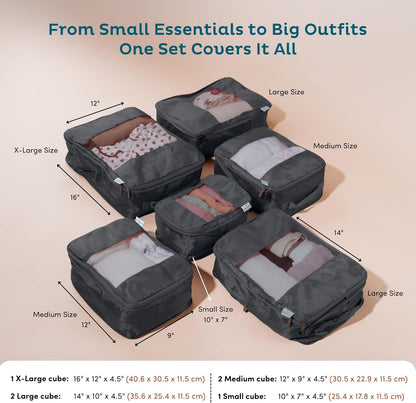 6-Pack Compression Packing Cubes Travel Essentials - Lightweight, Water-Resistant Luggage Organizer Bags with Handles, Durable Travel Accessories Suitcase Organizer (Charcoal)