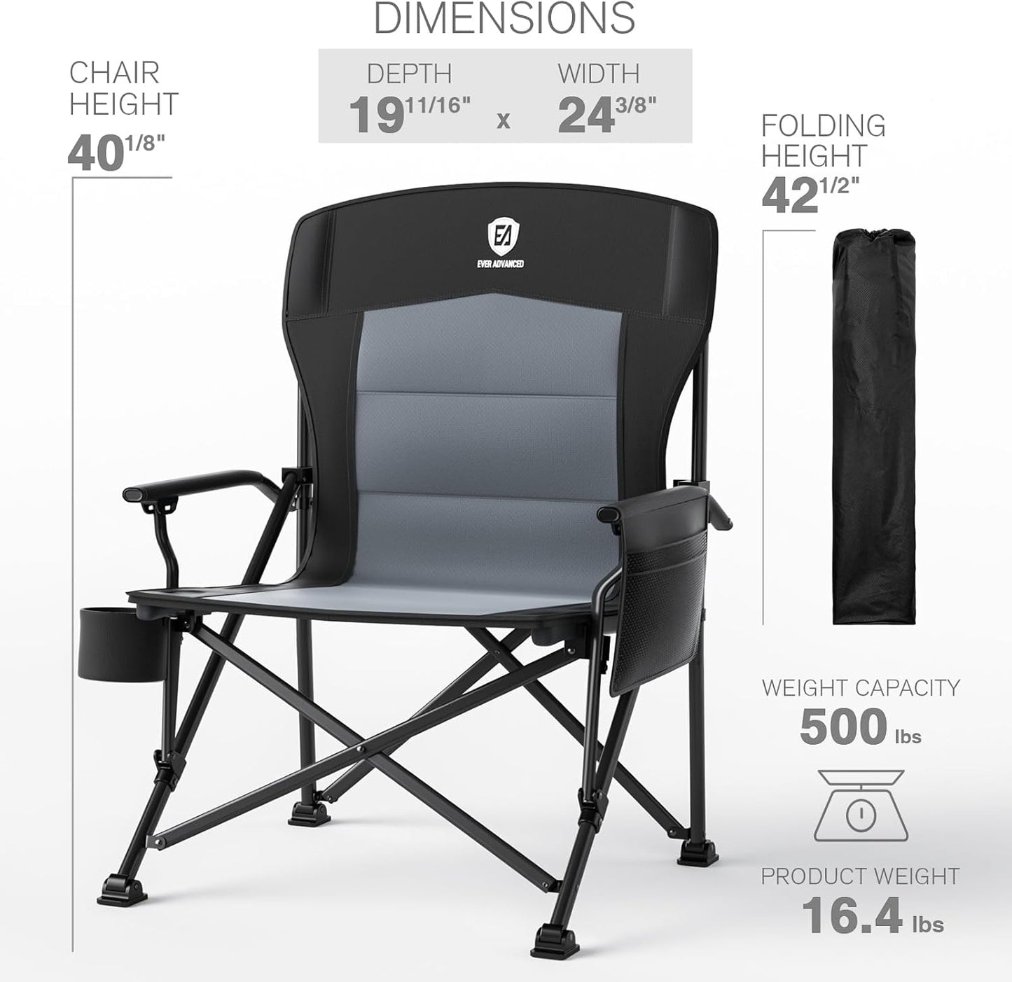 EVER ADVANCED Oversized Folding Camping Chair for Adults, Heavy Duty Lawn Chair with Side Pockets, Portable Collapsible Quad Chair for Outside, Support Up to 500lbs, Black 2PACK