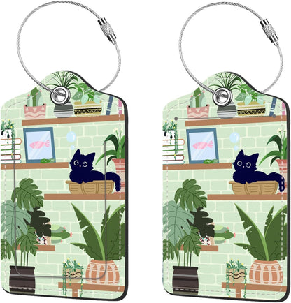 2 Pcs Luggage Tags for Suitcase, Cute Unique PU Leather Travel Bag Tag with Privacy Cover ID Label Address Card and Durable Metal Ring Suitable for Men Women Children Backpack,Cat On The Shelf