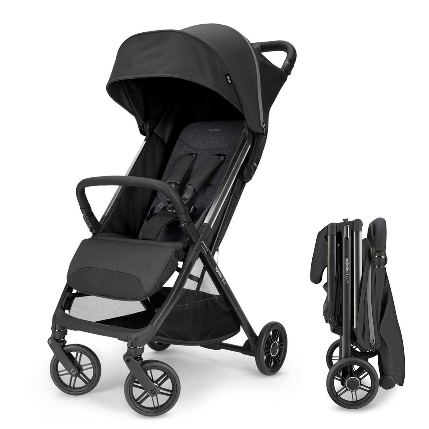 Inglesina Quid³ Stroller, Cosmic Black - Compact Reclining Travel Stroller for Baby & Toddler 0-55 lbs, One Hand fold, Car seat Compatible, Airplane Overhead, Lightweight, Foldable, XL UPF 50+ Canopy