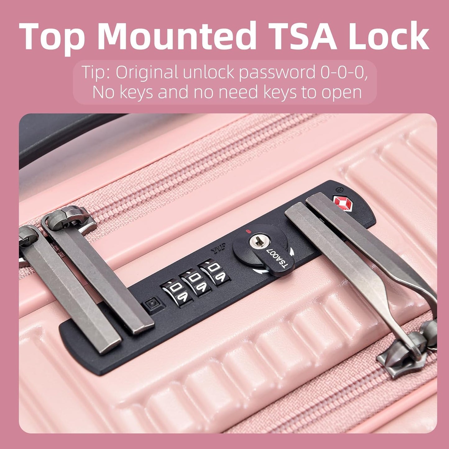 19 Inch Suitcase Hand Luggage with Front Pocket for 15.6" Laptop, 35 * 23 * 55cm, 43L, Ligthweight ABS+PC Hardshell Carry On, TSA Lock & YKK Zippers with HINOMOTO 360° Wheels, Pink