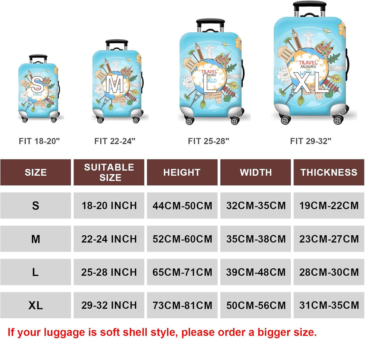 WUJIAONIAO Travel Luggage Cover Baggage Suitcase Cover Protector Skins 18-32 Inch (ocean, L (for 25-28 inch luggage))