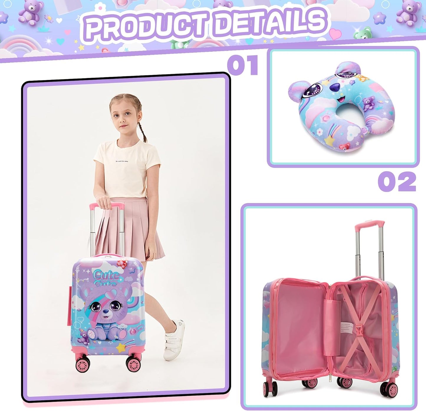Kids Suitcase Set for Girls Hardside Luggage with Spinner Wheels 2 Piece 16inch Toddler Suitcase for Girls Travel Carry on Luggage Airline Approved