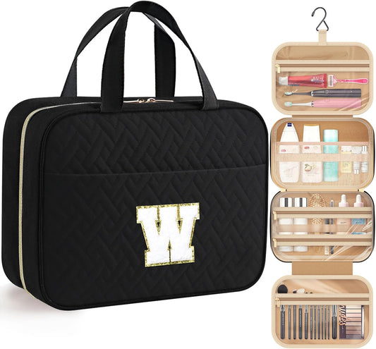 HOTOR Travel Toiletry Bag - Personalized Chenille Initial Makeup Bag, Water-Resistant Personalized Gifts for Women, Portable Travel Accessories & Essentials, Letter W, Black, 11.4"×9.0"×3.35"