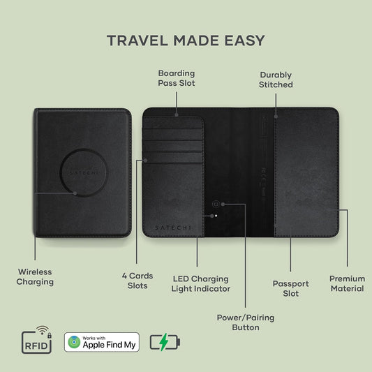 Satechi Passport Holder for Travel with Find My, Passport Cover with 4 Card Holder, Wireless Charging, and RFID protection – Travel Essential Vegan Leather Passport Holder – Black