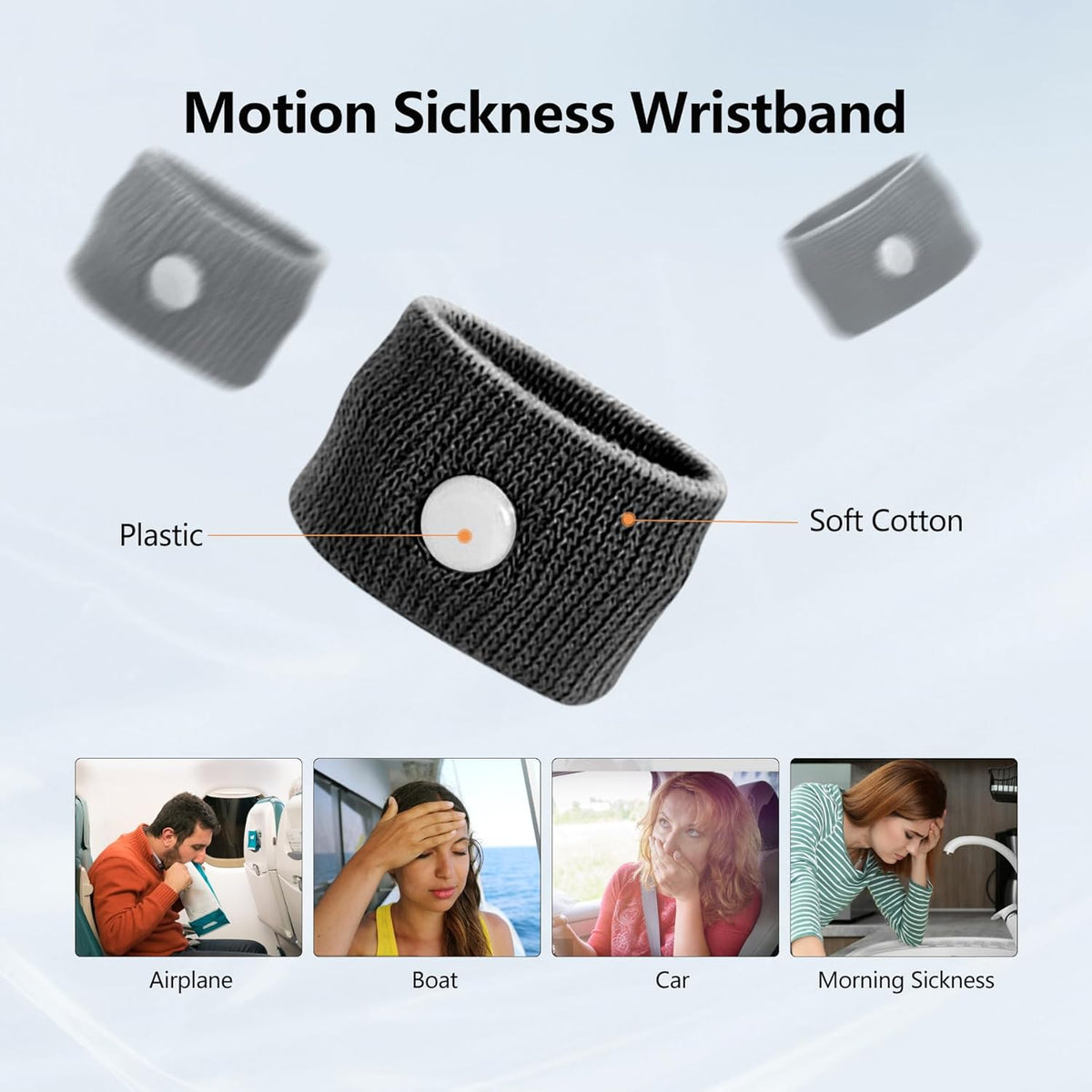 Motion Sickness Wristband, Anti-Nausea Acupressure Wrist Band for Nausea Relief, Dizziness and Vomiting from Car Sea Boat Flying Travel Sickness for Adults and Kids (Black, Large, 2 Pairs)