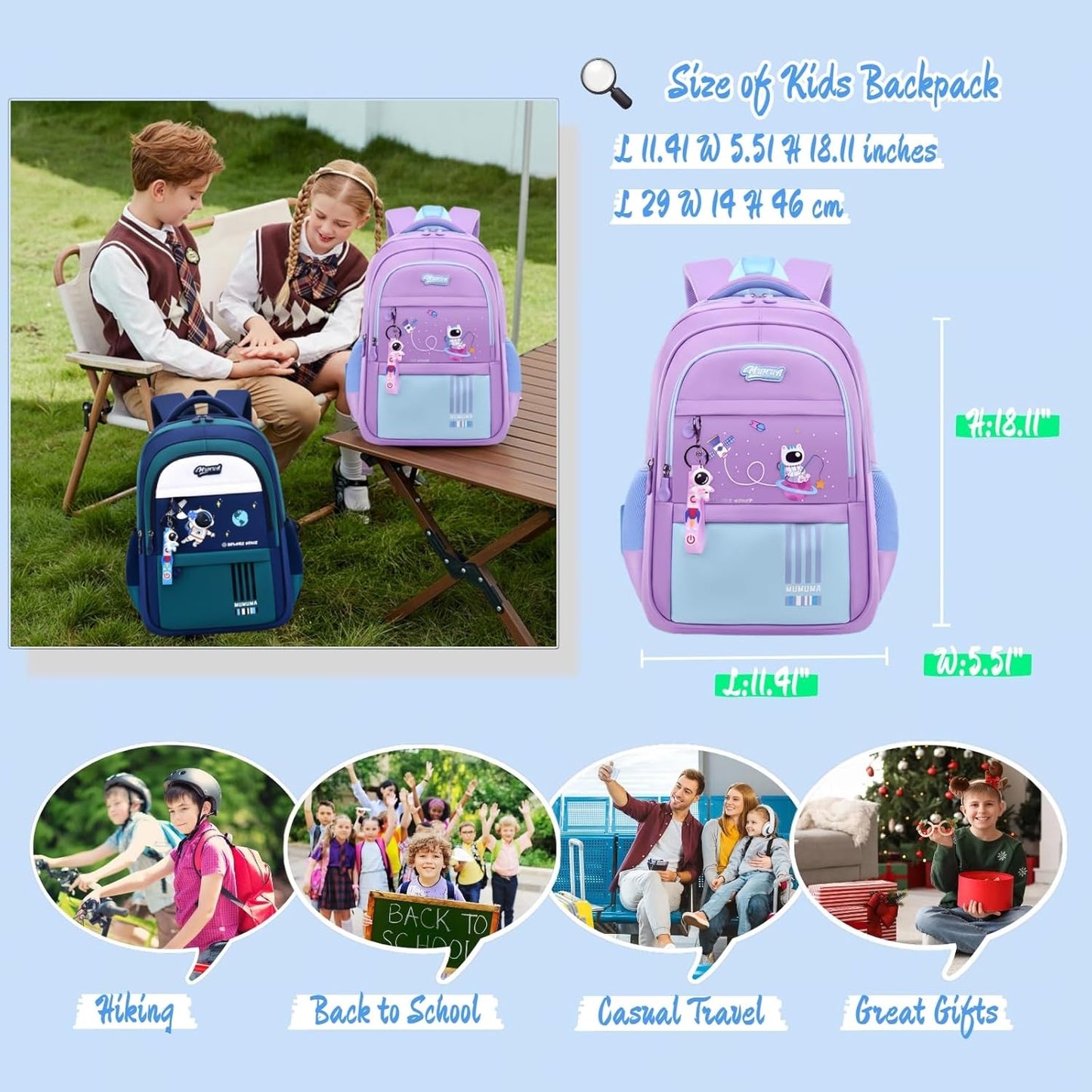 Astronaut-space Kids Backpack for Girls Elementary Middle School Backpack Book Bags for Girls Lightweight Back Pack Purple