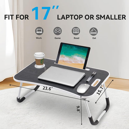 BUYIFY Folding Lap Desk, 23 Inch Portable Wood Deep Black Laptop Bed Desk Lap Desk with Cup Holder, for Working Reading Writing, Eating, Watching Movies for Bed Sofa Couch Floor