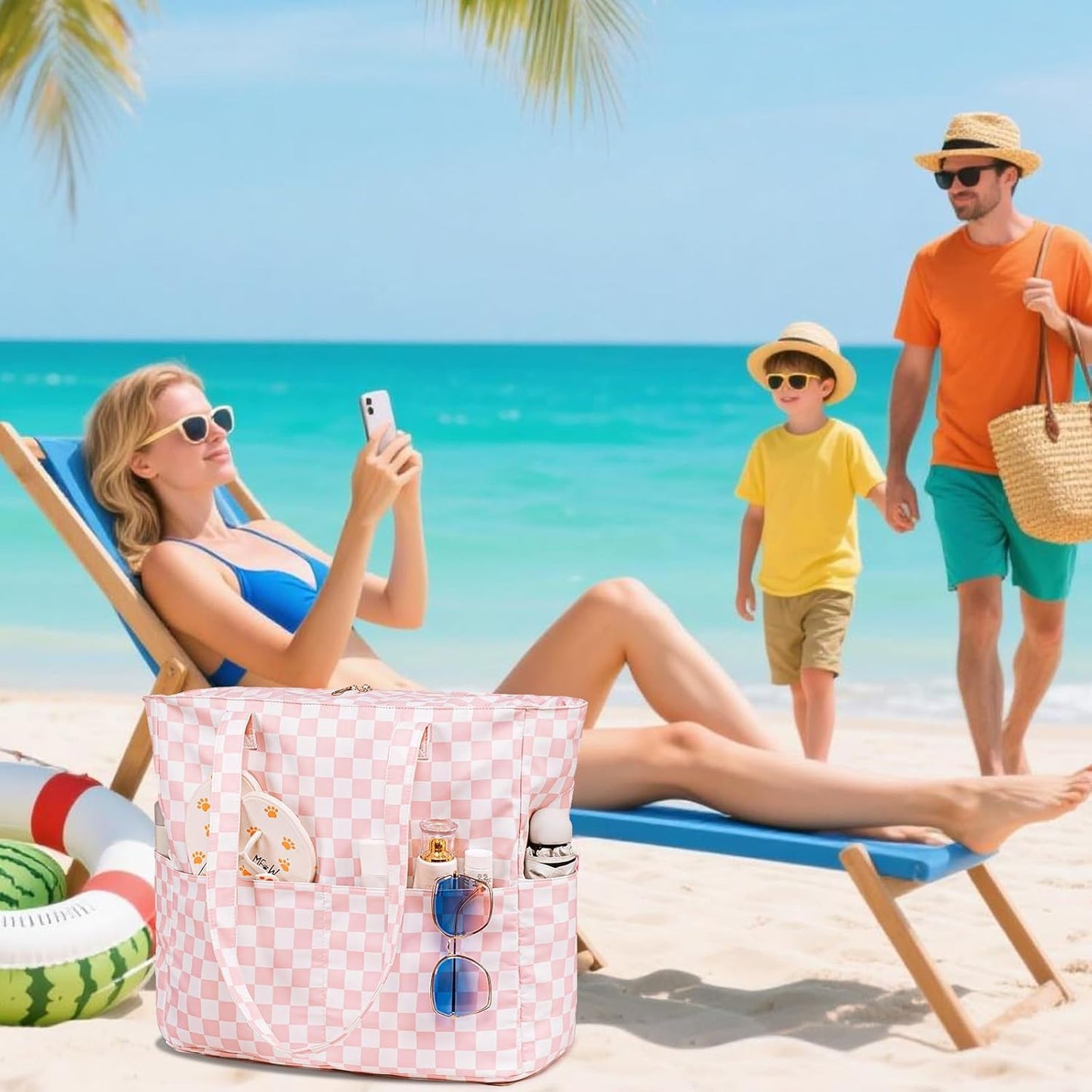 LEDAOU Large Beach Tote Bag Women Waterproof Sandproof Zipper Beach Tote Bag for Pool Gym Grocery Travel with Wet Pocket