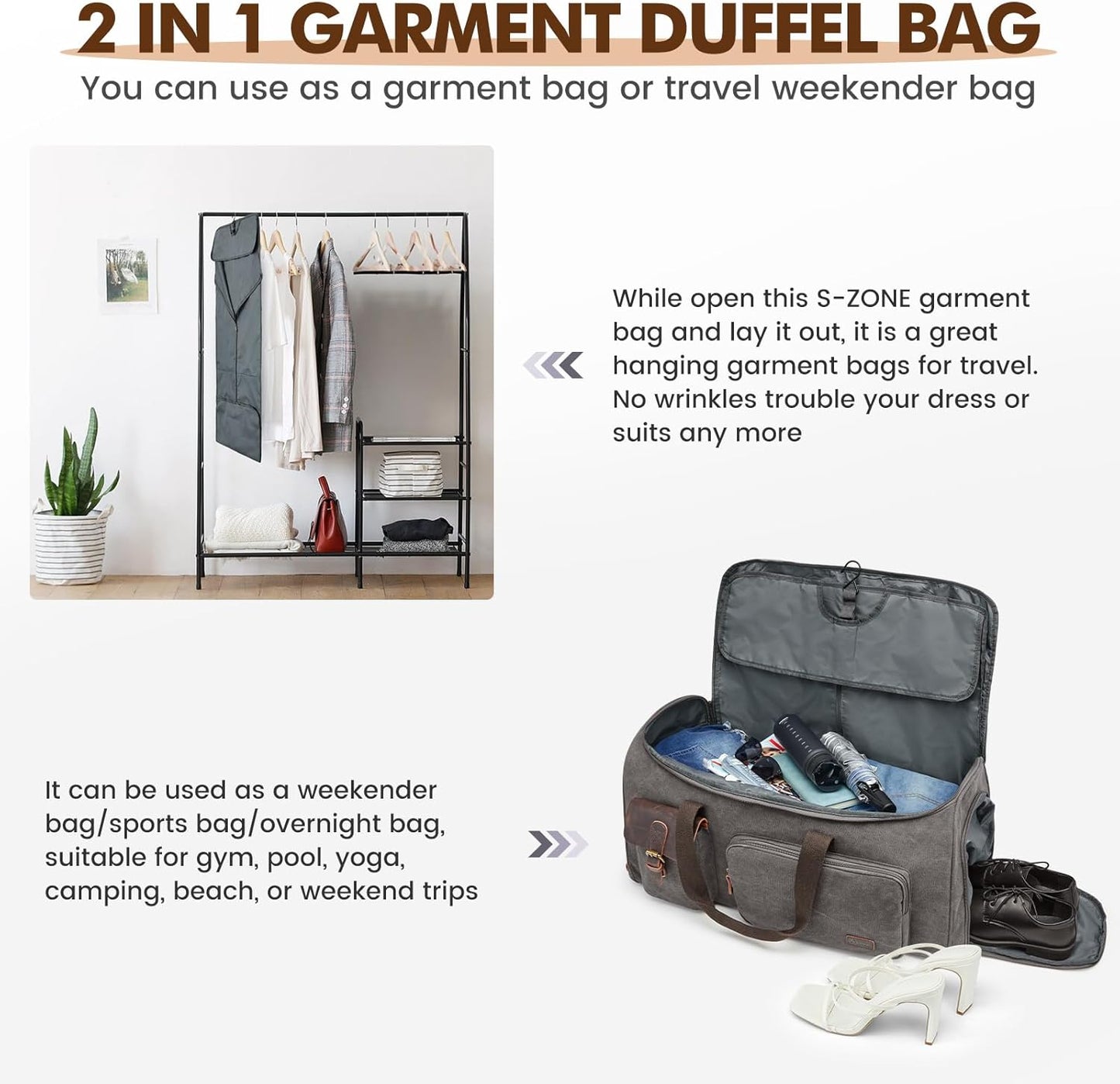 S-ZONE Garment Bags for Travel Convertible Garment Duffle Bags for Travel Suit Carry on Luggage for Men Hanging Suitcase