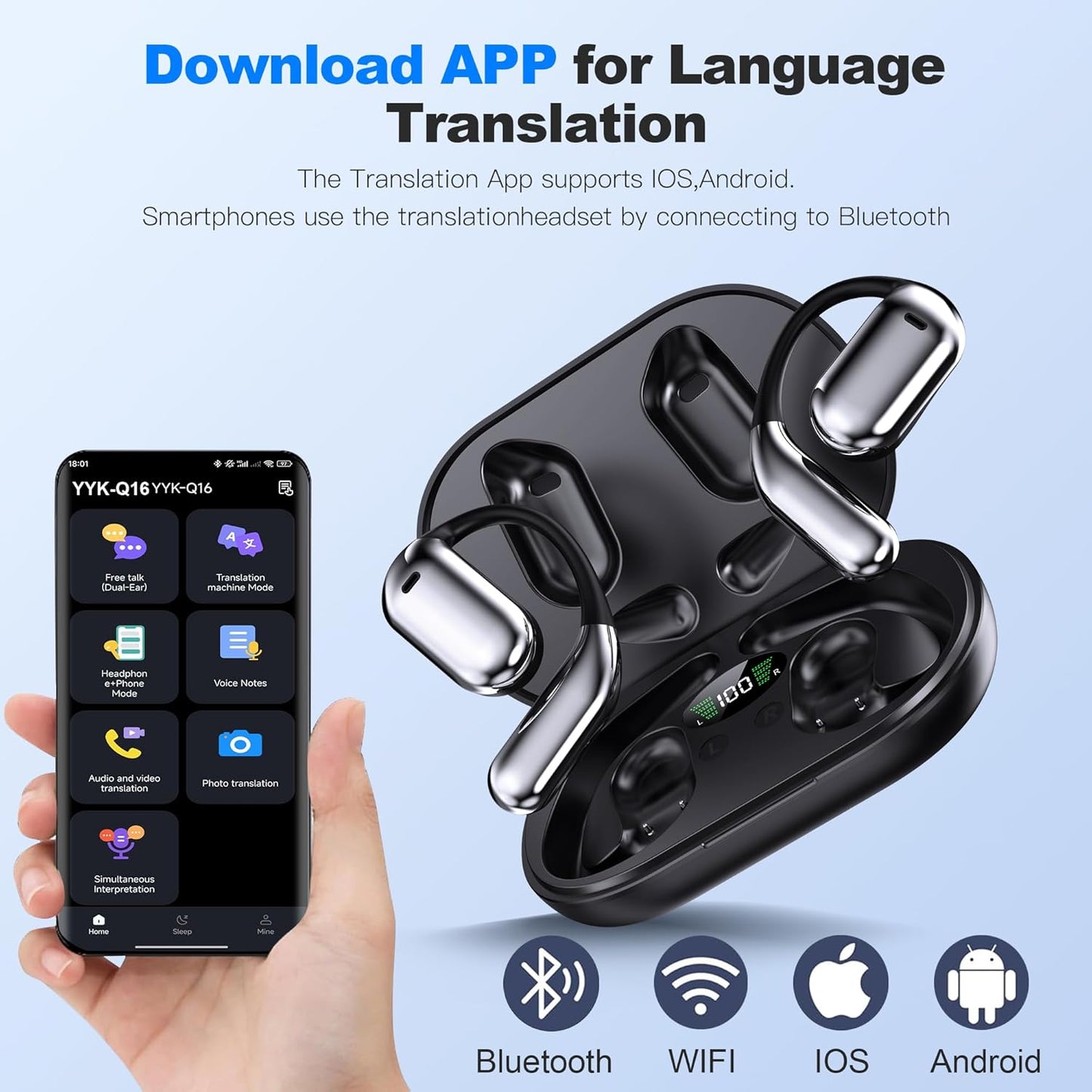 AI Translation Earbuds Real Time, 3-in-1 Translator Earbuds 134 Languages & Accents and Long Battery Life, HF Sound, Spanish/English Audífonos Traductores for Travel Business Learning, Black