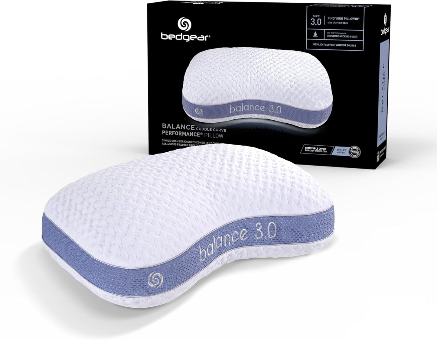 Bedgear Balance Cuddle Curve Performance Pillow - Size 3.0 - Moisture-Wicking Pillow for Side Sleepers - Medium Firmness Bed Pillow- Hypoallergenic, Washable Removable Cover - 20" W x 26" L x 6.5" H