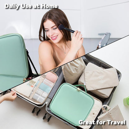 Travel Makeup Bag with LED Mirror and 10x magnifying glass with 3 Lighted Settings, Adjustable Dividers and Makeup Brush Storage Bag Light Green