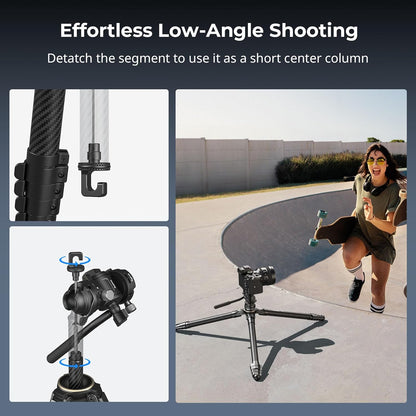 SmallRig Portable Carbon Fiber Travel Tripod Kit, 61.8'' Video Camera Tripod Monopod Video Head, Built-in QR Plate for Arca, Switchable Centre Column, Max Load 3kg / 6.6lb for Cameras, DSLR