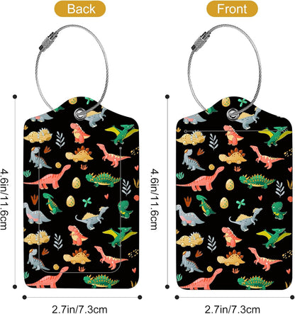 2Pack Luggage Tags for Suitcases, Cute Unique Pu Leather Cruise Luggage Tag with Privacy Cover ID Label Address Card and Metal Ring Suitable for Women Men Kids Travel Bag Dinosaurs and Plants