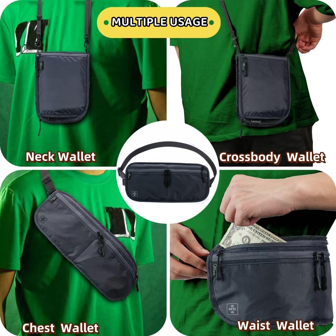 Travel Passport Holder 【1 PACK】2 in 1 Slim RFID Blocking Travel Money Belt for Men & Women, Hidden Neck Wallet for Credit Cards, Documents & Cash, Fanny Pack, MA-MO (Black)