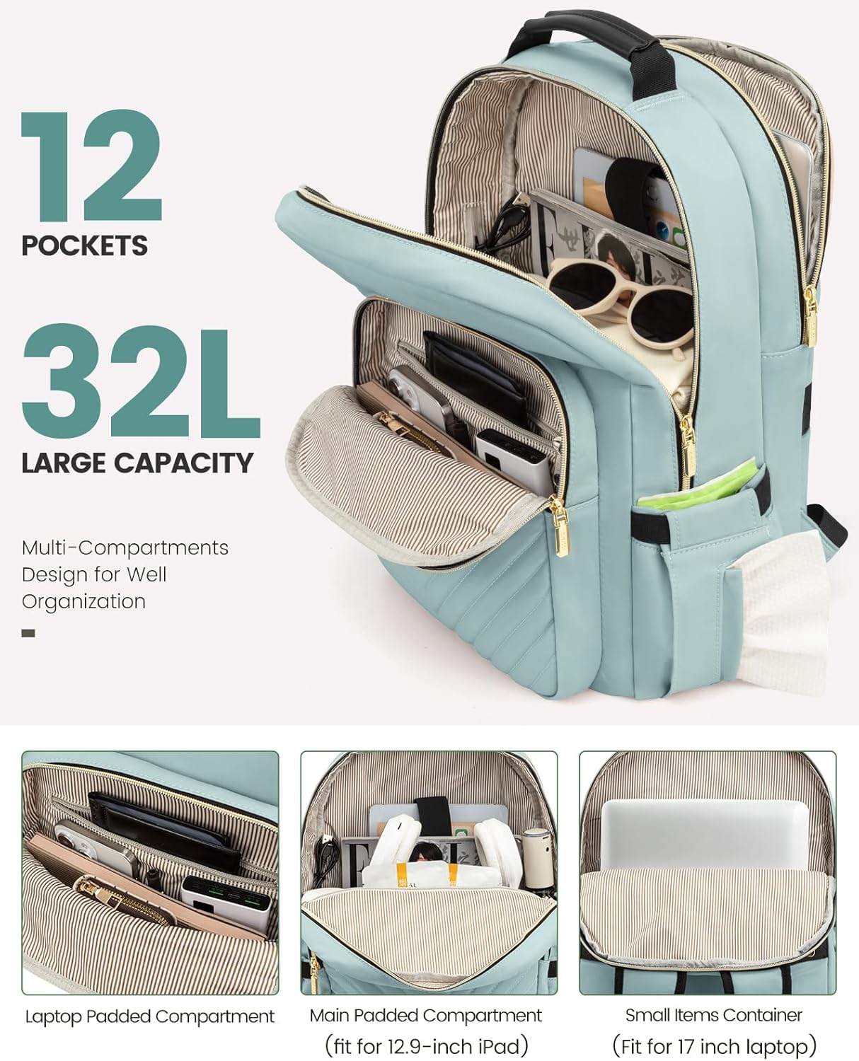 LOVEVOOK Laptop Backpack for Women, Travel Computer Work Bags with 17-inch Laptop Compartment, College School Student Bag Teen Backpacks For Girls, Outdoor Carry On Backpack Purse, Mint Green