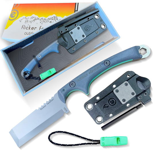 OUTDOOR ELEMENT Flicker Feather Knife Wise Owl GLOW - Right-Handed Survival Chisel Blade for Camping, Hunting, Culinary Knives & Bushcraft - Fixed Blade with Sheath, Firestarter and Emergency Whistle