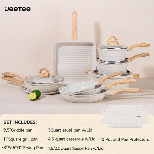 JEETEE 23pcs Pots and Pans Set Non Stick, White Cookware Sets for Kitchen, w/Frying Pans, Saucepans, Sauté & Griddle & Crepe Pan, Induction Cooking Pots (PFOA/PFAS Free)