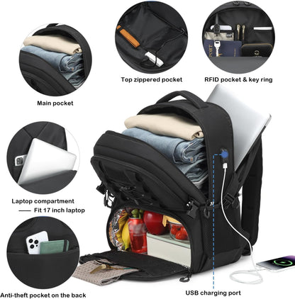 Laptop Lunch Backpack for Men - 40L Large Capacity Work Backpack with Lunch Compartment and USB Post, RFID Insulated Cooler Backpack for Work, Travel, Picnic, Black