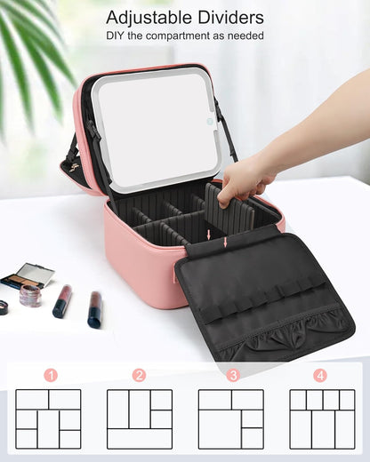 Relavel Makeup Bag with LED Mirror, Travel Makeup Case with Rechargeable Lighted Mirror 3 Color Lights, Dual Layer Cosmetic Box Makeup Brush Lipstick Holder Organizer for Women, Leather Pink