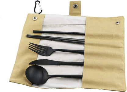 Gugrida Luxury Black Matte Portable 18/10 Stainless Steel Travel Flatware Sets of 7 Portable Camping Cutlery Set, Healthy & Eco-Friendly Flatware Set with Carrying Case for Travel or Camping