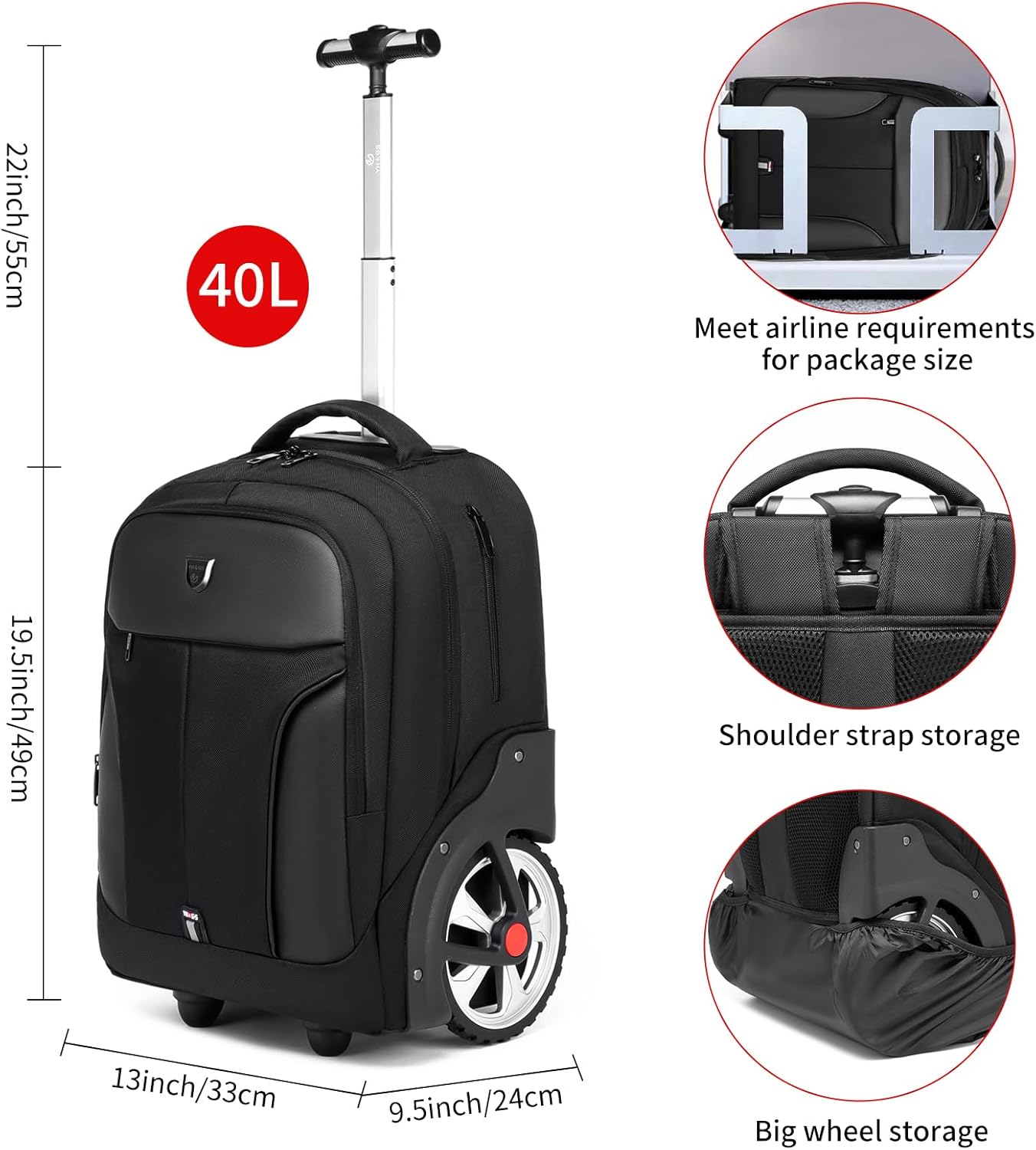 Rolling Backpack,Waterproof Backpack with Wheels for Business and Travel Commuter, Carry on Backpack with Laptop Compartment, Fit 15.6 Inch Laptop, Wheeled Backpack for Adults, 18Inch