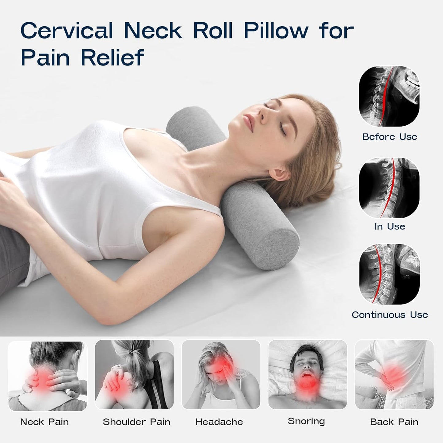 Neck Roll Pillow, Memory Foam Neck Support Pillows, Round Neck Pillows, Cylinder Bolster Pillows for Bed, Couch, and Yoga, Removable Washable Cover,18 * 4 * 4 inch (Grey)