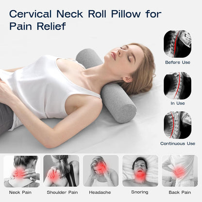 Neck Roll Pillow, Memory Foam Neck Support Pillows, Round Neck Pillows, Cylinder Bolster Pillows for Bed, Couch, and Yoga, Removable Washable Cover,18 * 4 * 4 inch (Grey)