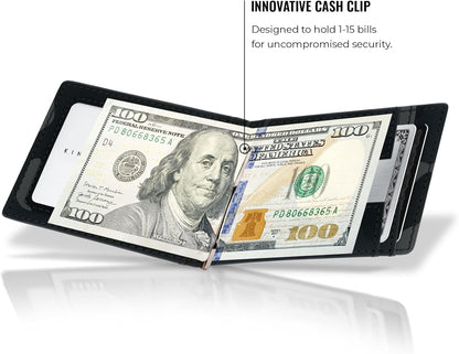 Kings Loot Money Clip Slim Minimalist Wallet for Men | RFID Blocking Leather Design with Money Clip | Front Pocket Bifold Holds 12 Cards | Stylish & Compact Wallets (Camo Black)