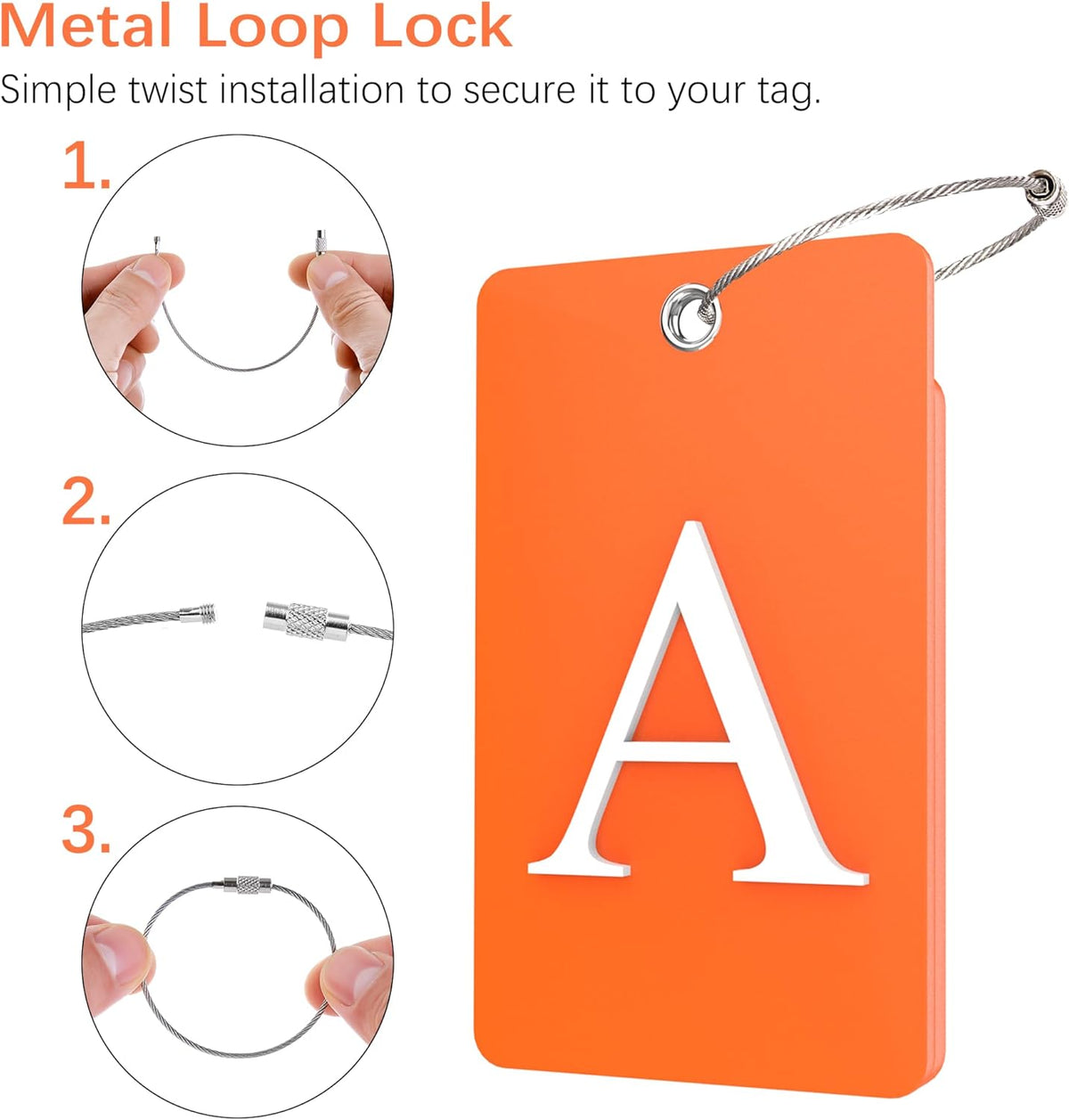 Gostwo 2 Pack Luggage Tags for Suitcases, 26 Initial Letter Travel Luggage Baggage Identification Labels ID Tag Fully Bendable Tags with Stainless Steel Loop (Orange) (Letter A)