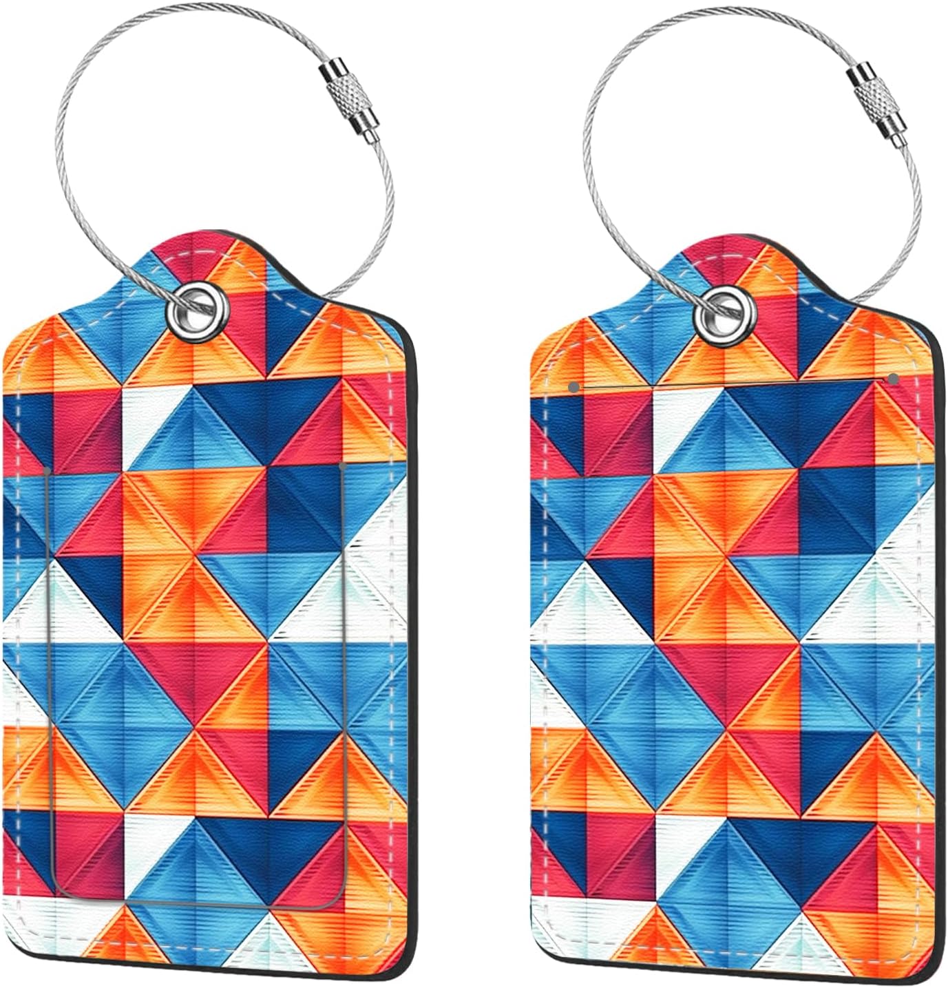 2 Pcs Luggage Tags for Suitcases,PU Leather Cruise Ship Luggage Tags with Privacy Cover Label Address Card and Durable Metal Ring Suitable for Men Women Handbags Backpacks,Colorful Triangles