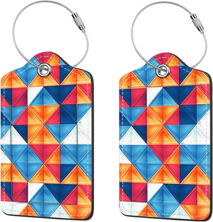 2 Pcs Luggage Tags for Suitcases,PU Leather Cruise Ship Luggage Tags with Privacy Cover Label Address Card and Durable Metal Ring Suitable for Men Women Handbags Backpacks,Colorful Triangles