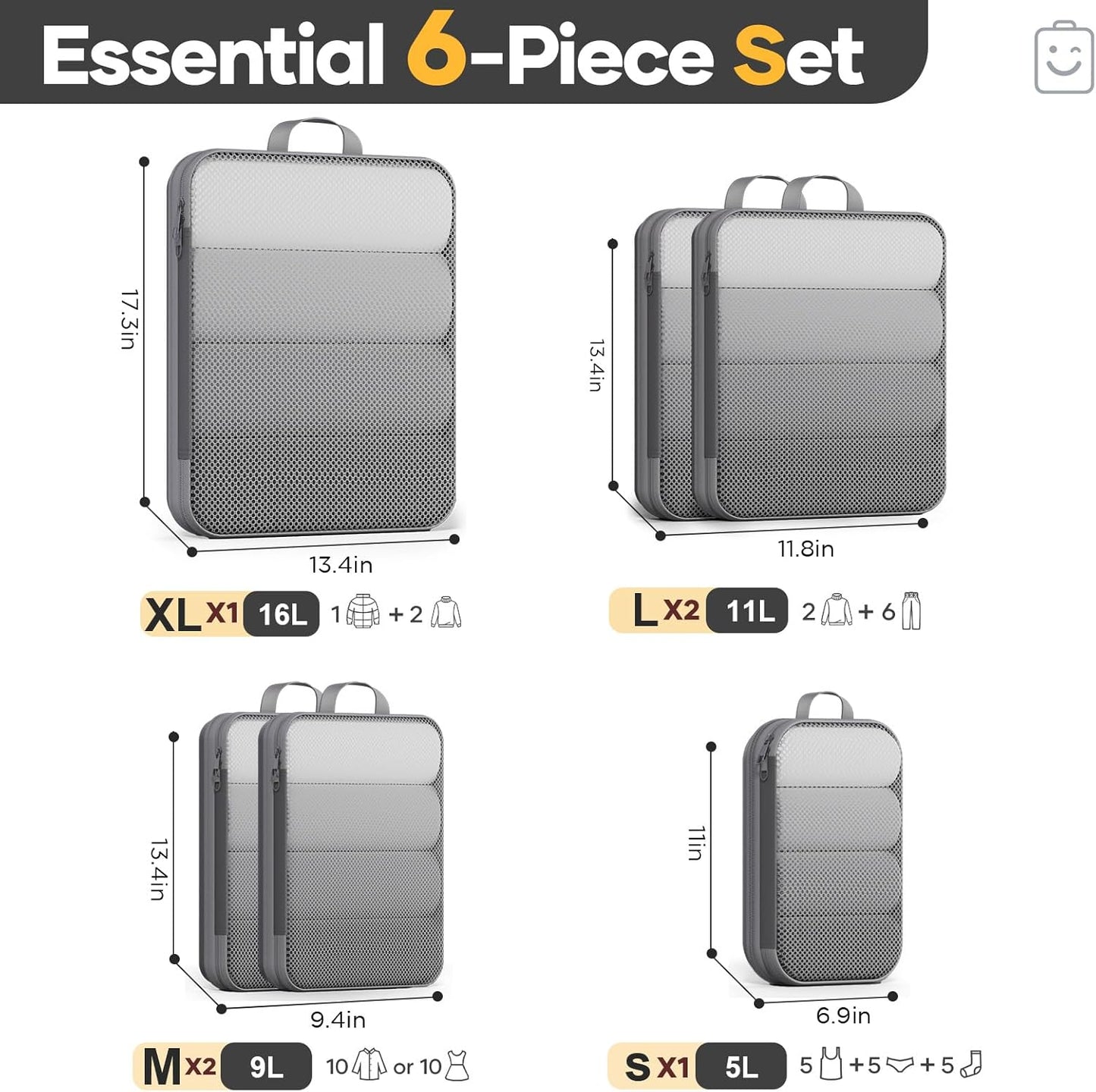 Veken 6/9/11 Set Compression Packing Cubes for Travel Essentials,Compressible Expandable Large Luggage Suitcase Organizer Bags for Clothing,Durable Space Saver Storage Bags(Gray)